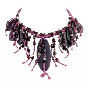 Handmade Artisan Deep Purple Fuchsia Fringe Beaded Bohemian Tribal Necklace